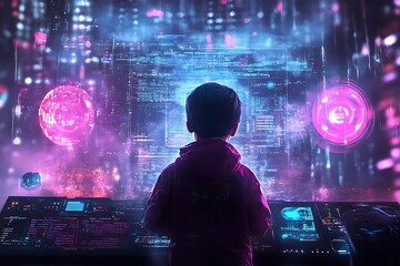 Obraz premium Cyberpunk Child Exploring a Futuristic World