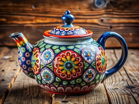Vibrant and Colorful Poci Teapot with Intricate Patterns on a Rustic Wooden Table Background