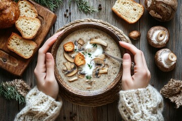 Fototapeta premium Top view of hands eating appetizing mushroom soup puree on a wooden board, horizontal format