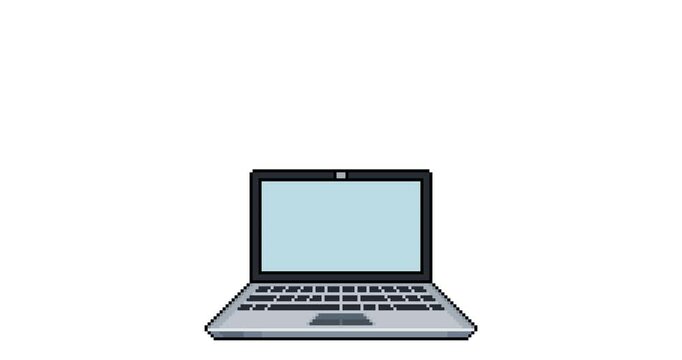 Animation of a rocket taking off from a laptop screen in 8-bit and pixel art style