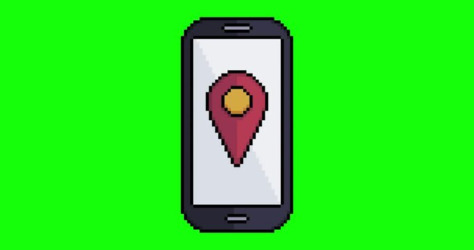 Animation of cell phone with GPS location pin icon in 8-bit pixel art style on green background