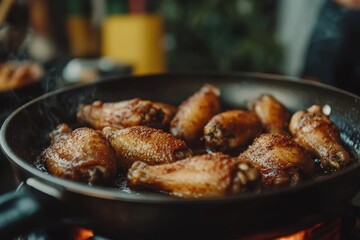 With BBQ sauce and rosemary, chicken wings barbecue in a cast iron baking dish