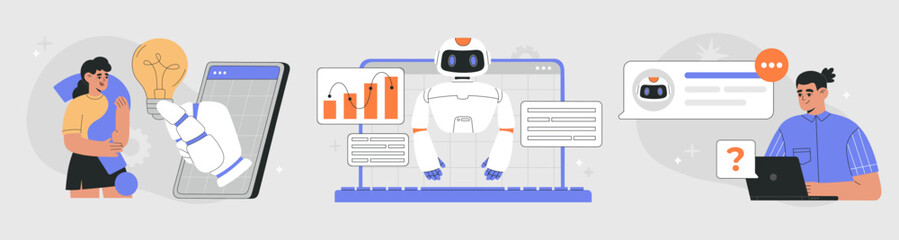 AI chat bot and people communication concept, human using Artificial Intelligence for content creation, online support, charts, tasks and data analyses. Flat vector illustration on isolated background