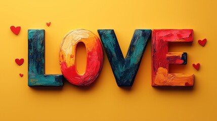 A vibrant LOVE typography illustration on a sunny yellow background. Colorful letters spell out LOVE surrounded by tiny red hearts on a bright backdrop.
