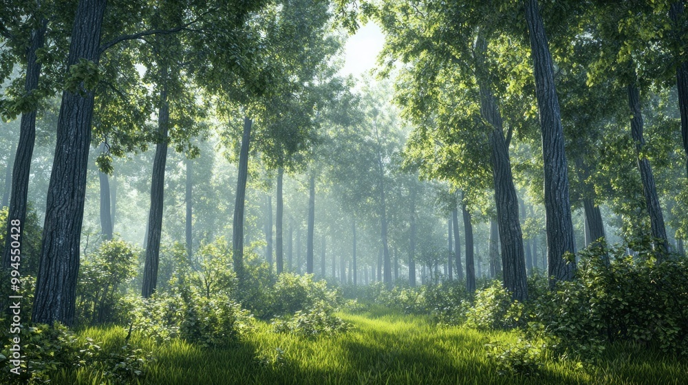 Poster sunbeams illuminating a misty forest path