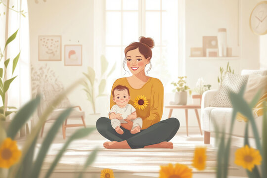 A woman is holding her baby son in one arm while sitting on his lap in the sunny room. Vector style.
