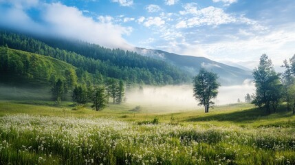 Misty Morning Meadow with Mountain and Trees