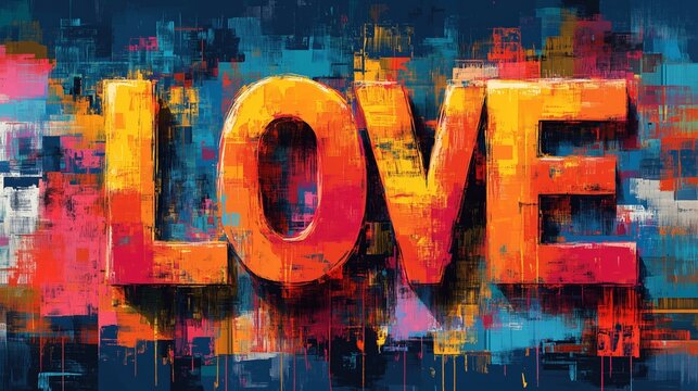 The artwork features bold love typography in a vibrant pop art style with lively colors.