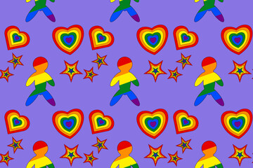 Bright and colorful LGBT illustration with rainbow hearts, stars, and figures. Perfect for Pride celebrations and designs.