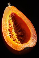 Cut fresh orange pumpkin on black background with black backlight