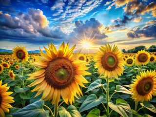 Vibrant Artwork of Sunflowers in a Field Under a Bright Blue Sky, Capturing Nature's Beauty