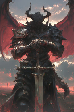 demon warrior under a red sky, wielding a large sword with a backdrop of a fiery battlefield