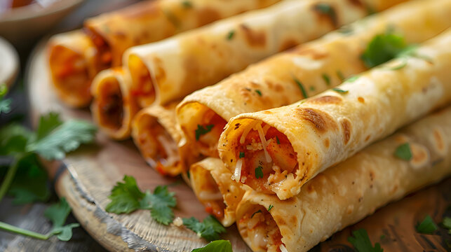A close-up of taquitos with a savory filling, captured using an ultra HD camera with a ring light for even illumination