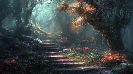 Obraz premium A serene forest path illuminated by soft light, surrounded by lush greenery and vibrant flowers, inviting exploration and adventure.