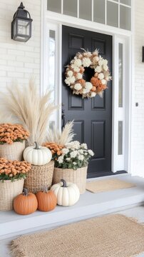 Fototapeta This fall porch features pumpkins, pampas grass, and colorful mums in black metal pots, along with a white door and an autumn wreath, creating a warm, inviting atmosphere