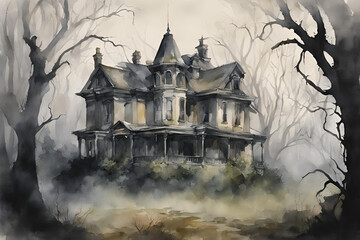 Haunted Victorian Mansion in Foggy Landscape, Watercolor painting of a decaying Victorian mansion surrounded by fog and twisted trees, creating a spooky, haunted atmosphere