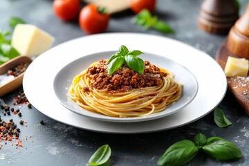 Un plato de espaguetis con salsa boloñesa, decorado con hojas frescas de albahaca. El fondo muestra ingredientes como tomates, queso parmesano y pimienta negra.