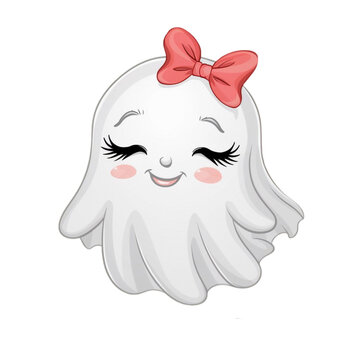 recommend clip art:  ghost with long eyelashes and a serene smile wears a red bow on its head.
