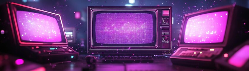 Obraz premium A vivid retro scene featuring vintage televisions with a purple glow, creating a nostalgic and futuristic atmosphere.