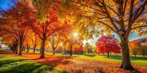 Vibrant Autumn Scene of Trees with Golden Leaves Illuminated by Soft Sunlight in Nature's Embrace