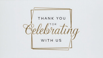 A golden rectangle line frame with the text "Thank you for celebrating with us" elegantly written in cursive font, set against a white background, minimalistic, sophisticated, wedding invitation card