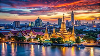 Fototapeta premium Vibrant Bangkok Thailand Wallpapers Featuring Temples, Cityscapes, and Nightlife Views for Design Use
