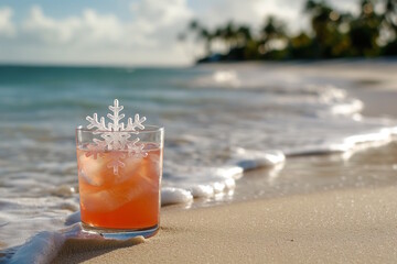 Obraz premium A refreshing tropical cocktail with ice and a snowflake decoration on a sandy beach with ocean waves in the background, concept of celebrating Christmas in warm exotic destinations