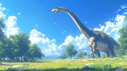 Naklejka premium A towering Brachiosaurus grazing from the treetops in a wide-open prehistoric plain, with a distant mountain range in the background