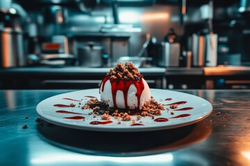A beautifully plated dessert on a kitchen counter fit for a restaurant