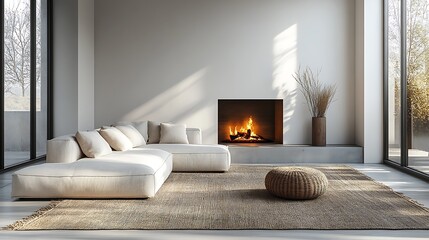  White corner sofa near fireplace. Scandinavian home interior design of modern living room. 