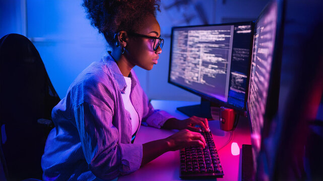 AI cyber security threat illustration, black african american female IT specialist analysing data information technology