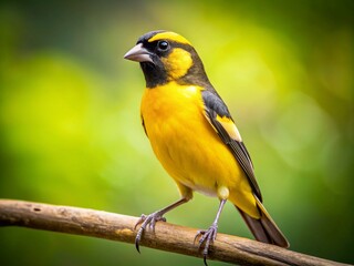 Vibrant Black and Yellow Canary Perched on a Branch Against a Natural Background in Soft Focus