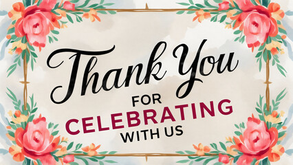 Soft elegant floral watercolor frame border surrounds bold calligraphy script saying, "Thank you for celebrating with us" on a white background, pink flowers and green leaves christmas,vintage charm