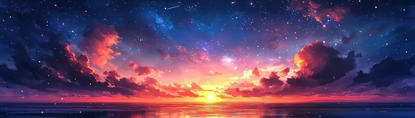 Fototapeta premium A stunning sunset with vibrant colors reflecting on the calm ocean waters, creating a serene and picturesque landscape.