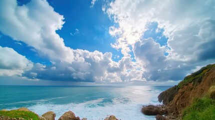 Serene Coastal View with Dramatic Sky and Waves