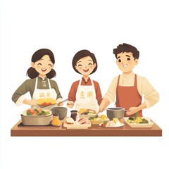 Chinese cooking class participants isolated on white background, flat design, PNG