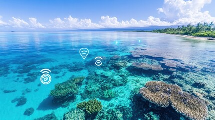 Vibrant Coral Reef with Clear Blue Water and Icons