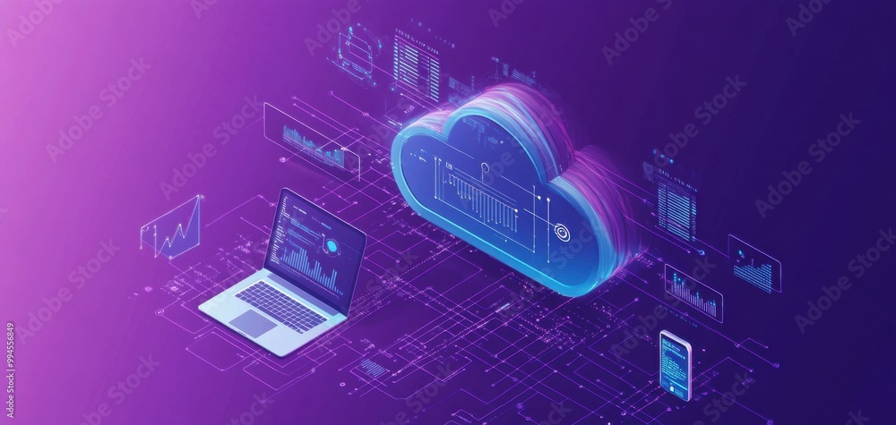 Poster isometric illustration of cloud computing ai technology with digital devices connected to data serve