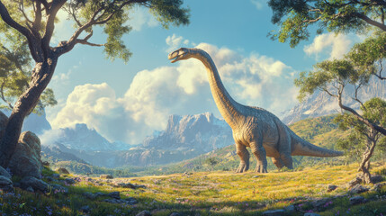 A towering Brachiosaurus grazing from the treetops in a wide-open prehistoric plain, with a distant mountain range in the background. The dinosaur