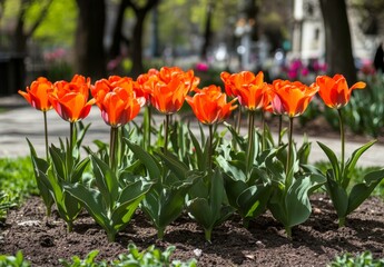 The vibrant and beautiful color scheme of the tulips set the scene for the floral holiday of Easter spring leaf sun in the green color of the Park Field and natural yellow background of the Summer