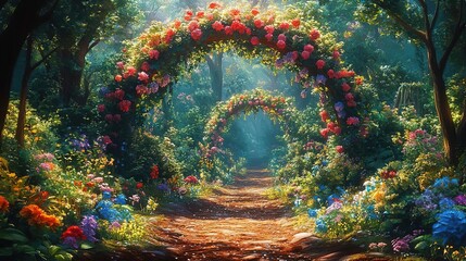 A serene path through a vibrant garden with blooming arches, surrounded by colorful flowers and dappled sunlight.