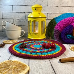  Cozy autumn photo with a flashlight, crochet doily and a knitted blanket leaves and decor fall...