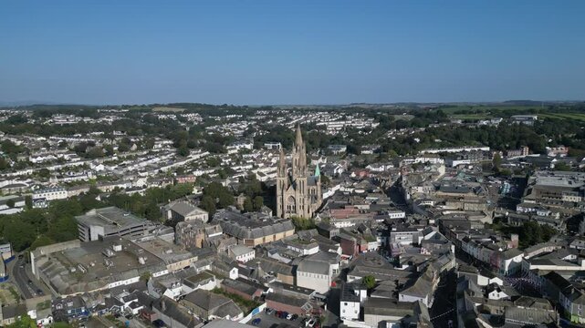 Truro, Cornwall, England: DRONE VIEWS: Truro city centre and Truro Cathedral. Truro is the southernmost city in the United Kingdom and grew as a trade centre through its port on Truro River (Clip 2).