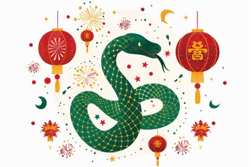 Festive snake with lanterns and fireworks art