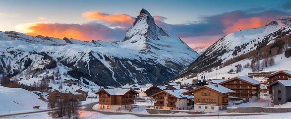 Scenic view of snow-covered mountain peak and village at sunset.