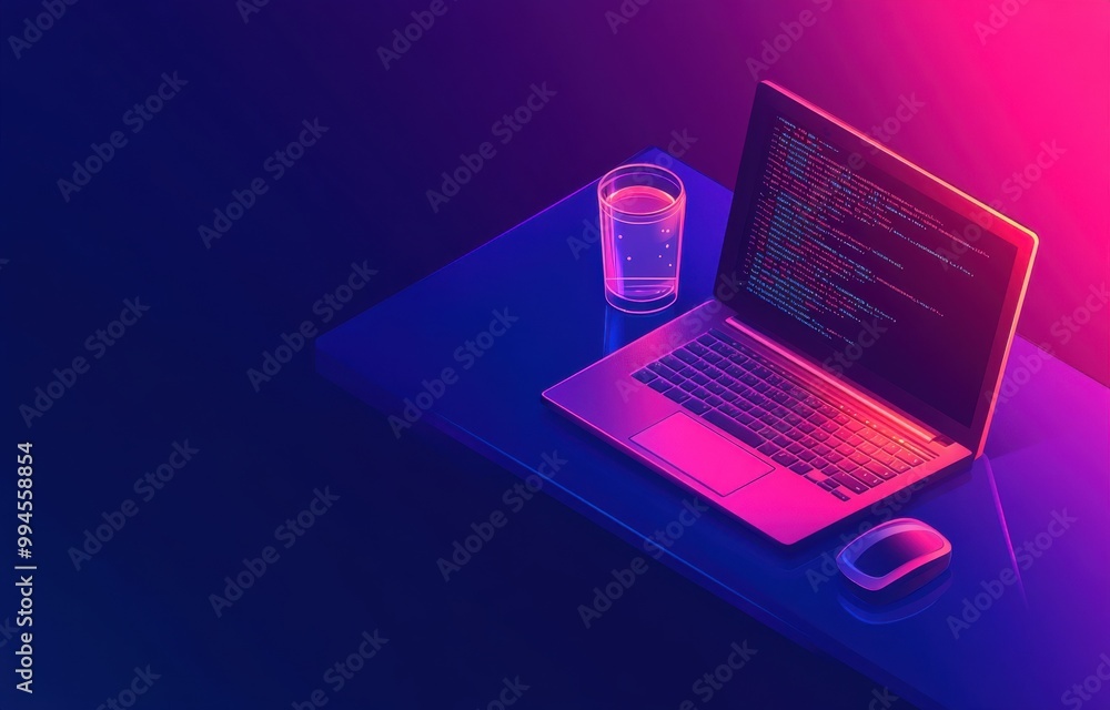 Aufkleber isometric illustration of a laptop displaying code with vibrant neon colors, next to a glass of wate