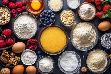 Baking and cooking utensils and ingredients at the top