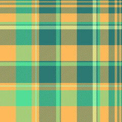 Loft fabric texture textile, thread check pattern plaid. Good vector seamless background tartan in amber and teal colors.