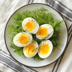 On a white plate, sliced hard-boiled eggs are neatly arranged, crowned with a parsley leaf to add a touch of green to the predominantly yellow color.