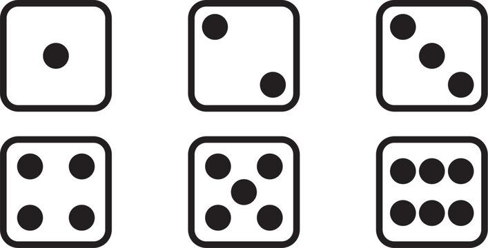 Vectorised illustration of the different faces of a square die with scores from 1 to 6 marked with dots. Concept: Board games, playing, leisure, mathematics.